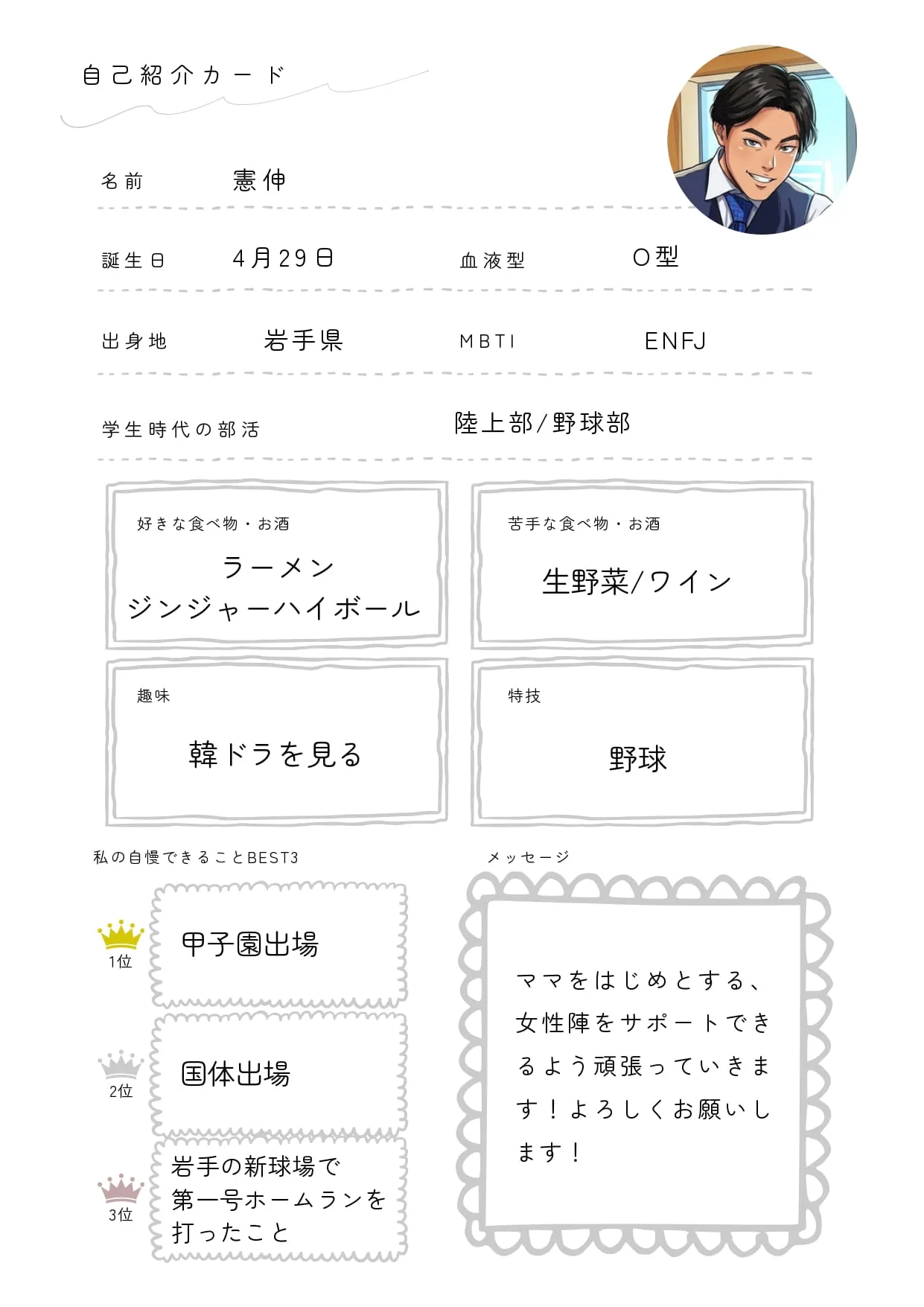 憲伸の自己紹介カード